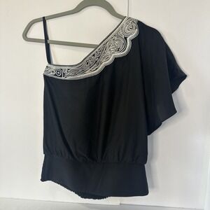 White House Black Market Black Silver Embroidered Silk One-Shoulder Top